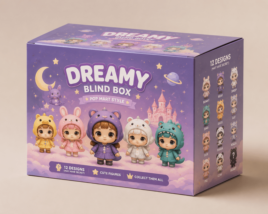 Custom blind box packaging solutions including collectible toy boxes and character packaging